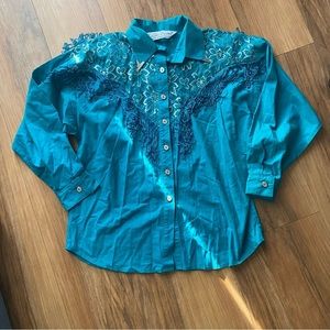 Vintage 80s Lilia Smitty Fringe Silver Mesh Lace Western Blouse Size M(?)